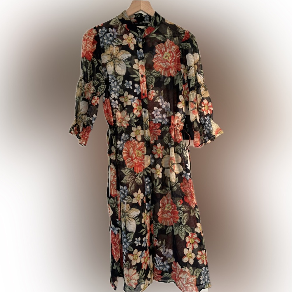 Zara Basics Sheer Floral Button Down Dress Top Size S